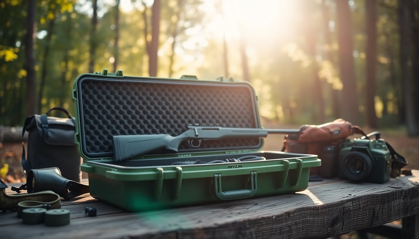 Showcasing a pelican rifle case outdoors with a rifle inside surrounded by nature gear.