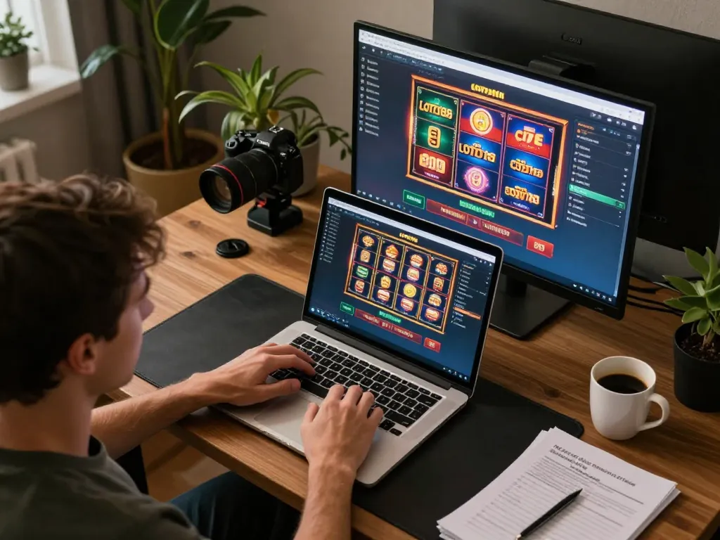 LOTO188 player engaged in online gaming at home, showcasing laptop interface with slots and live dealer games