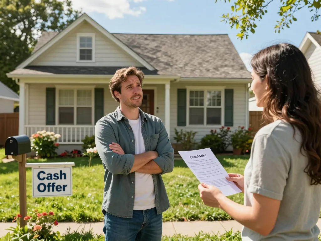Homeowner discussing cash offer to sell house without repairs with buyer in front yard.