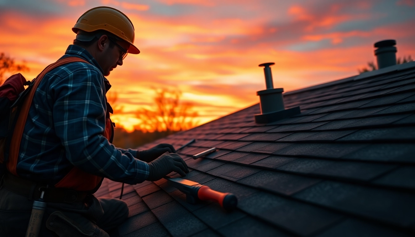 Roofer engaged in roof repair work, showcasing craftsmanship and safety gear.