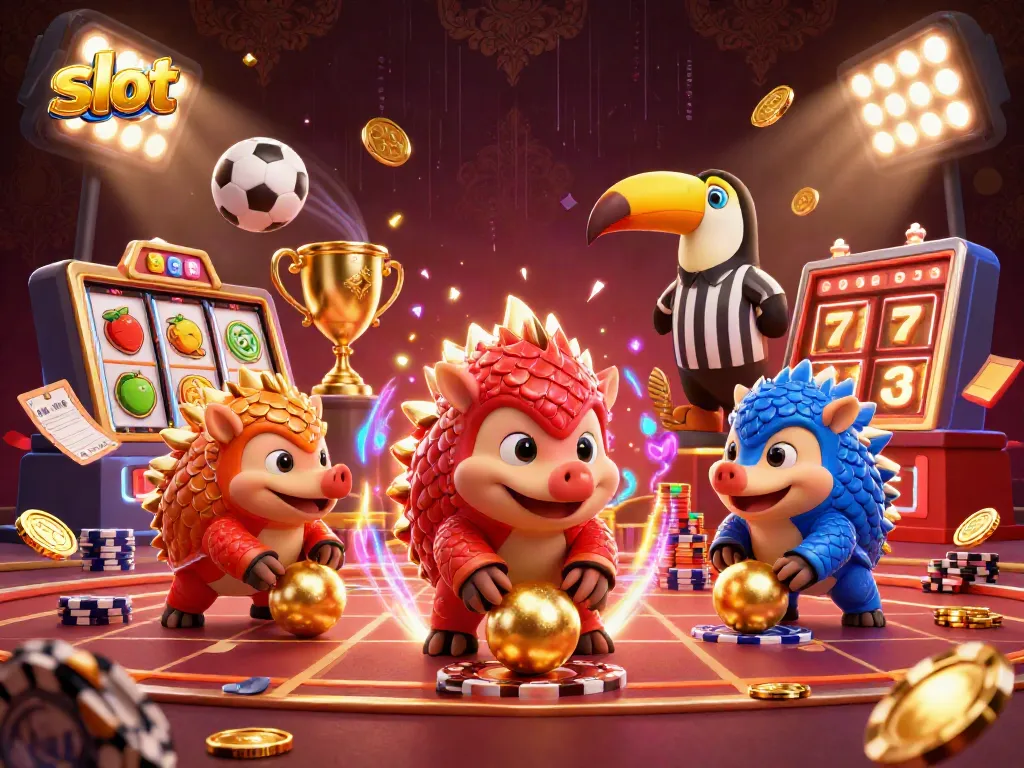 Experience thrilling slot action with colorful pangolins in a casino battle for jackpot glory.