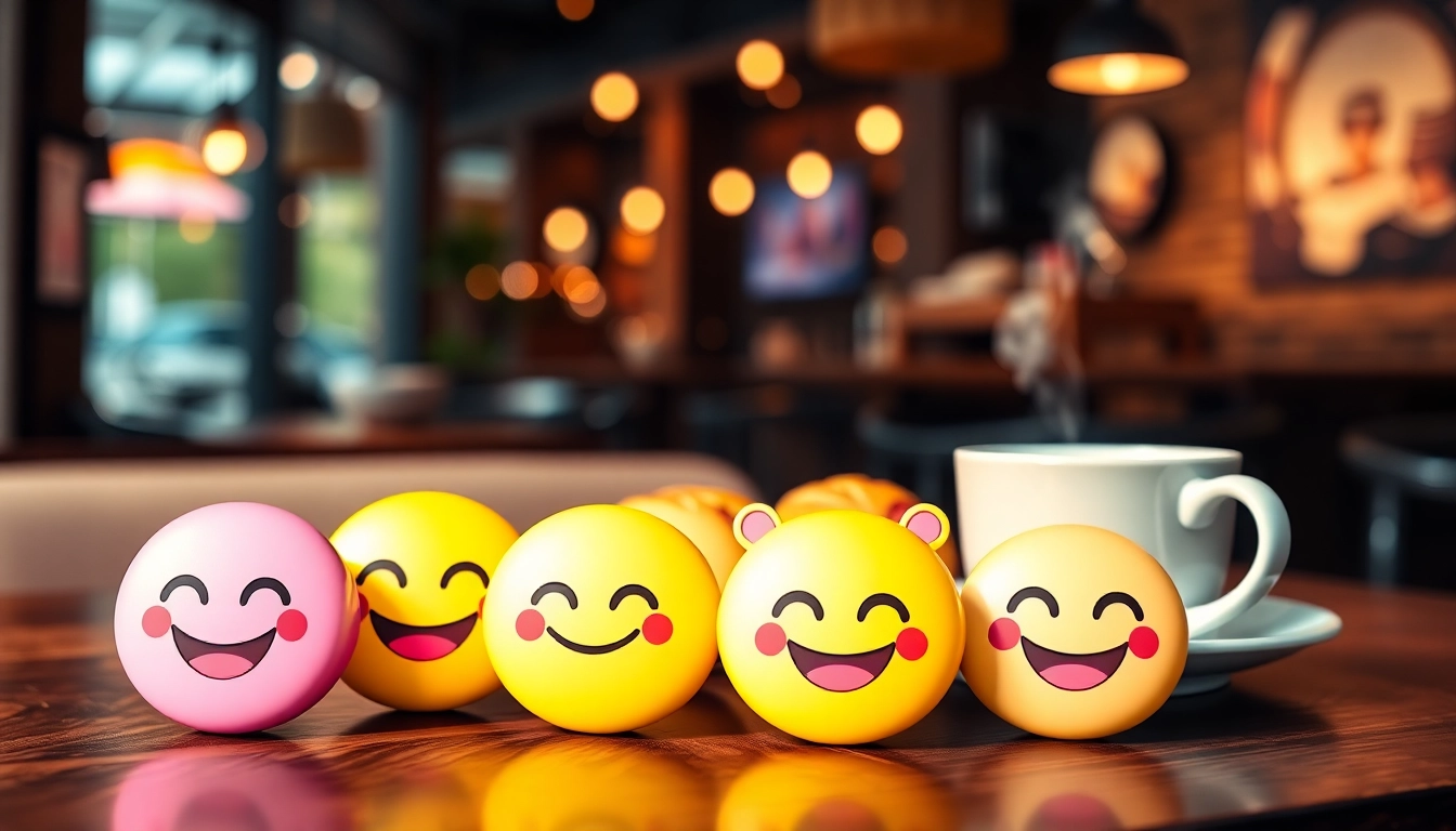 Playful TikTok emojis arranged creatively on a café table, showcasing vibrant colors and lively atmosphere.