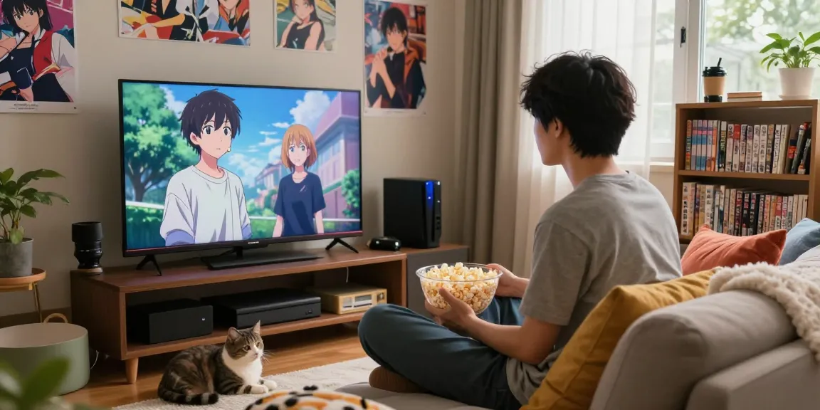 Tampilan nyaman pengguna animeplay yang menonton anime di ruang tamu dengan suasana hangat dan dekorasi anime.