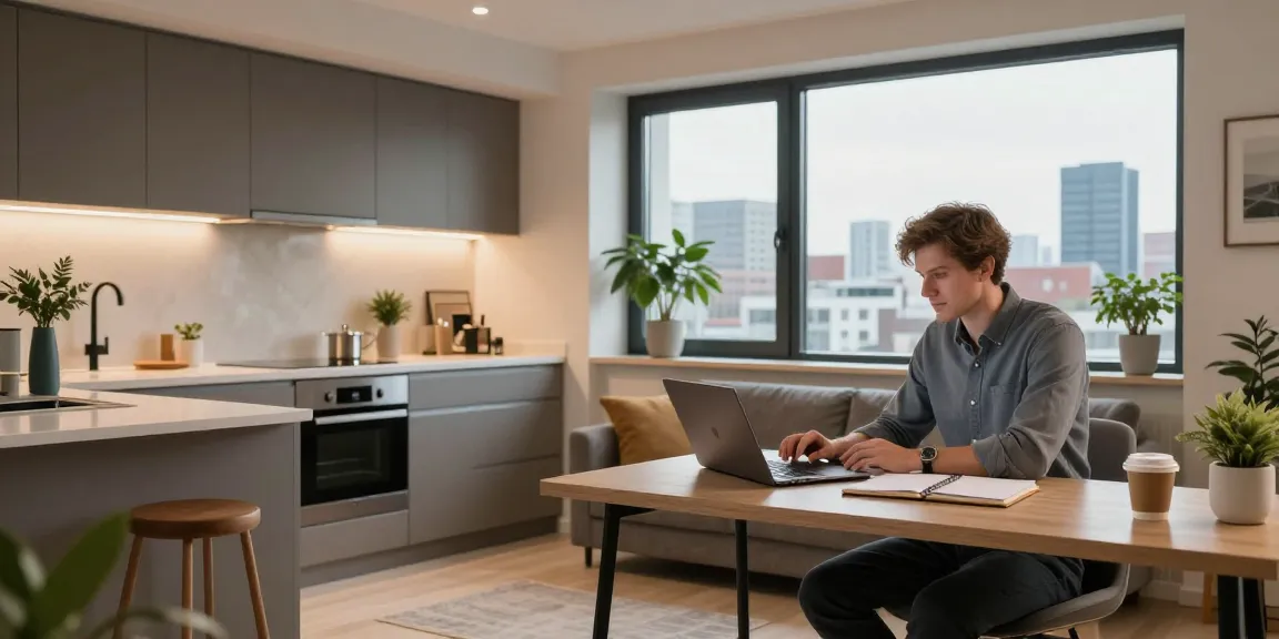 Moderne Monteurzimmer mieten in Hannover mit stilvollem Wohnraum und Arbeitsbereich.