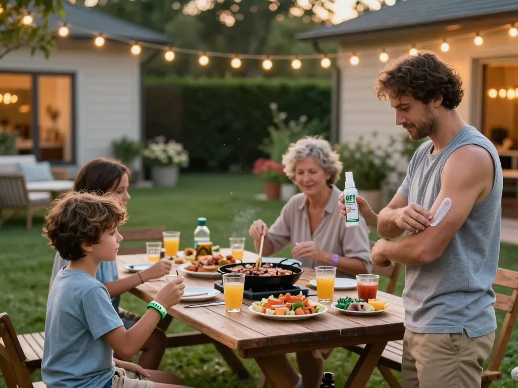 Best Mosquito Repellent usage at a family barbecue in a lively backyard setting.