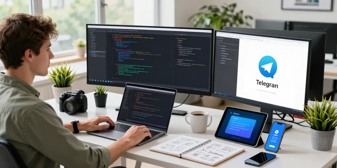 Developer coding on multiple screens, featuring 纸飞机官网 interface in a modern office.
