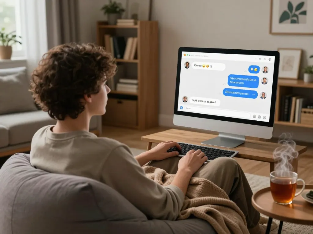 Engaging in sex chat AI conversations in a cozy home environment with digital interaction.