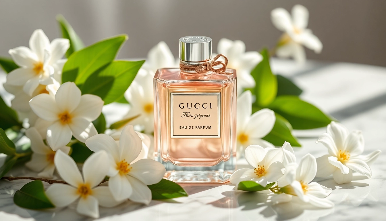 Find gucci flora 50ml best price with this elegant depiction of the perfume bottle surrounded by jasmine.