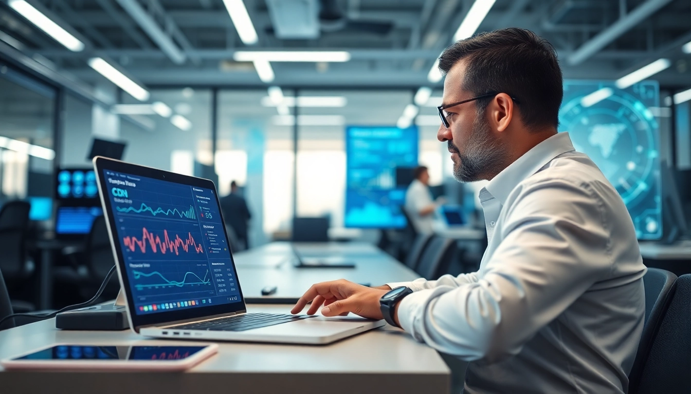 Analyze CDN with DDoS Protection through a cybersecurity expert's perspective in a high-tech office.