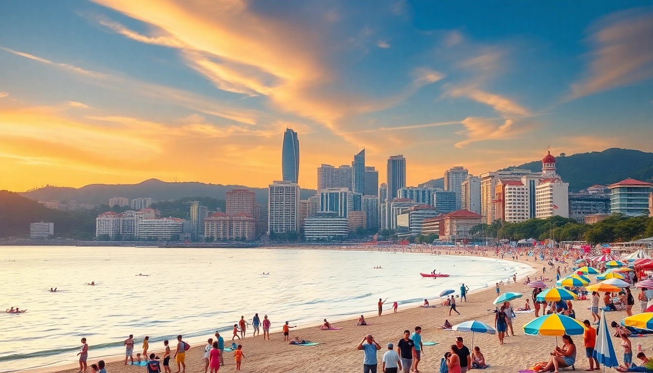 Discover Qingdao's vibrant skyline at sunset with iconic architecture and lively beach scene.