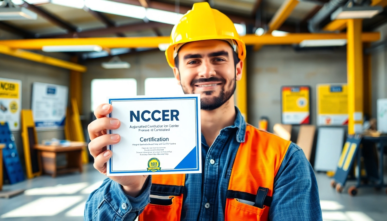 Showcase of nccer certification held by a construction worker in a modern workshop.