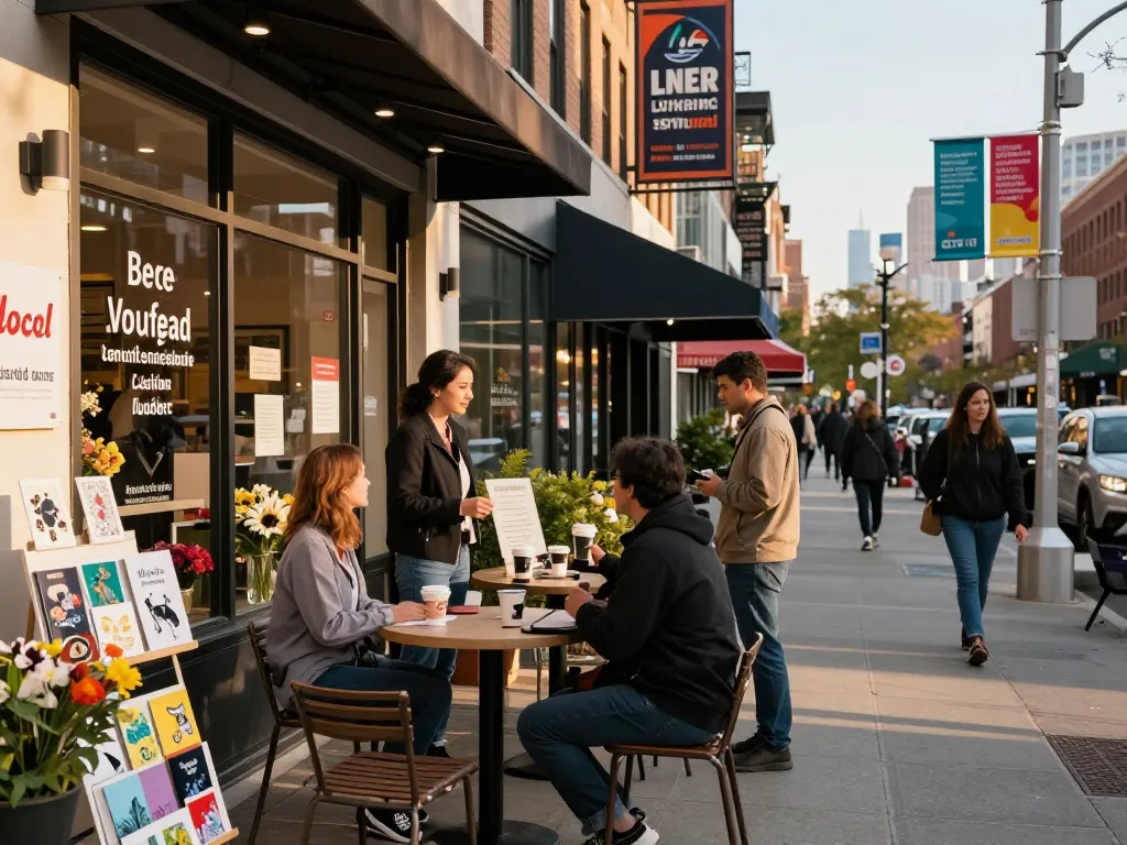 Local SEO NYC vibrant storefront scene showcasing customer interactions in New York City.