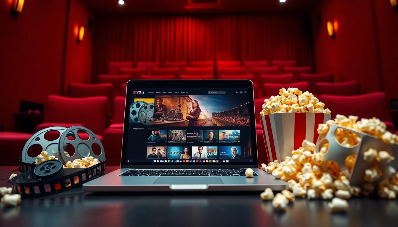 Engaging digital workspace for หนังออนไลน์ with a laptop, popcorn, and film reels.