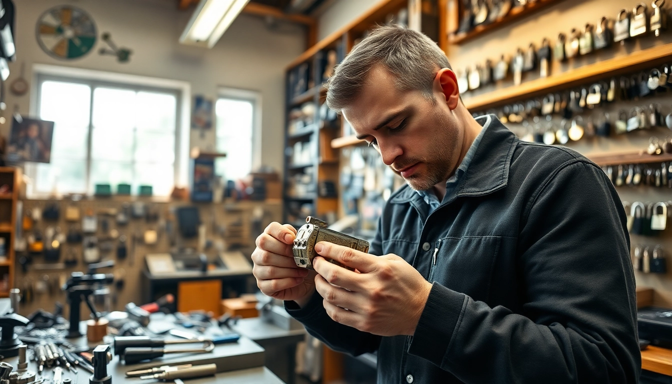 Experienced locksmiths Durham expertly assembling a lock in a well-equipped workshop.