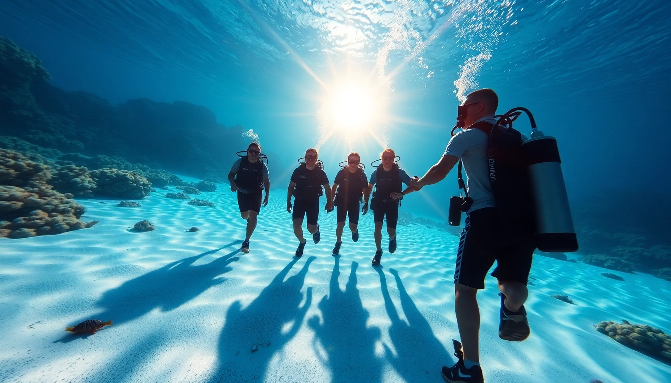 Erlebe die Tauch Ausbildung mit einer Gruppe von Auszubildenden unter Wasser, umgeben von Korallen und Meerestieren.