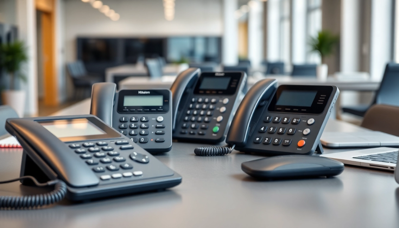 Showcase business phones in a modern office setting featuring sleek designs.
