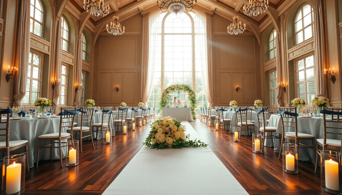 Hochzeitsfeier im festlich dekorierten Hochzeitssaal mit romantischer Atmosphäre.