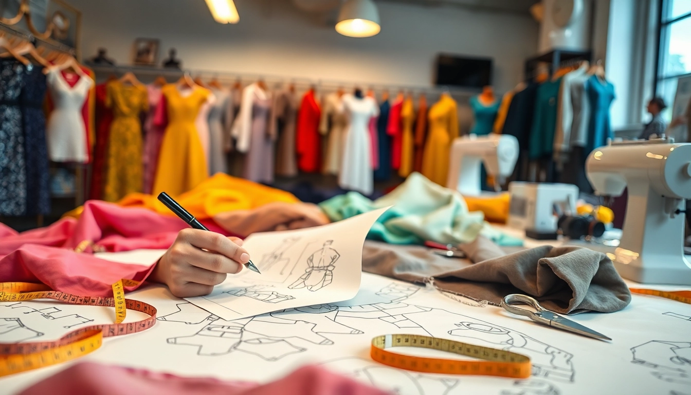 Women’s Clothing Manufacturer showcasing a designer at work with fabrics and tools.