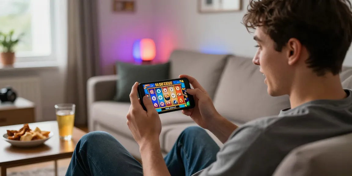 Player enjoying Slot Zeus game on smartphone in cozy home setting with vibrant visuals.