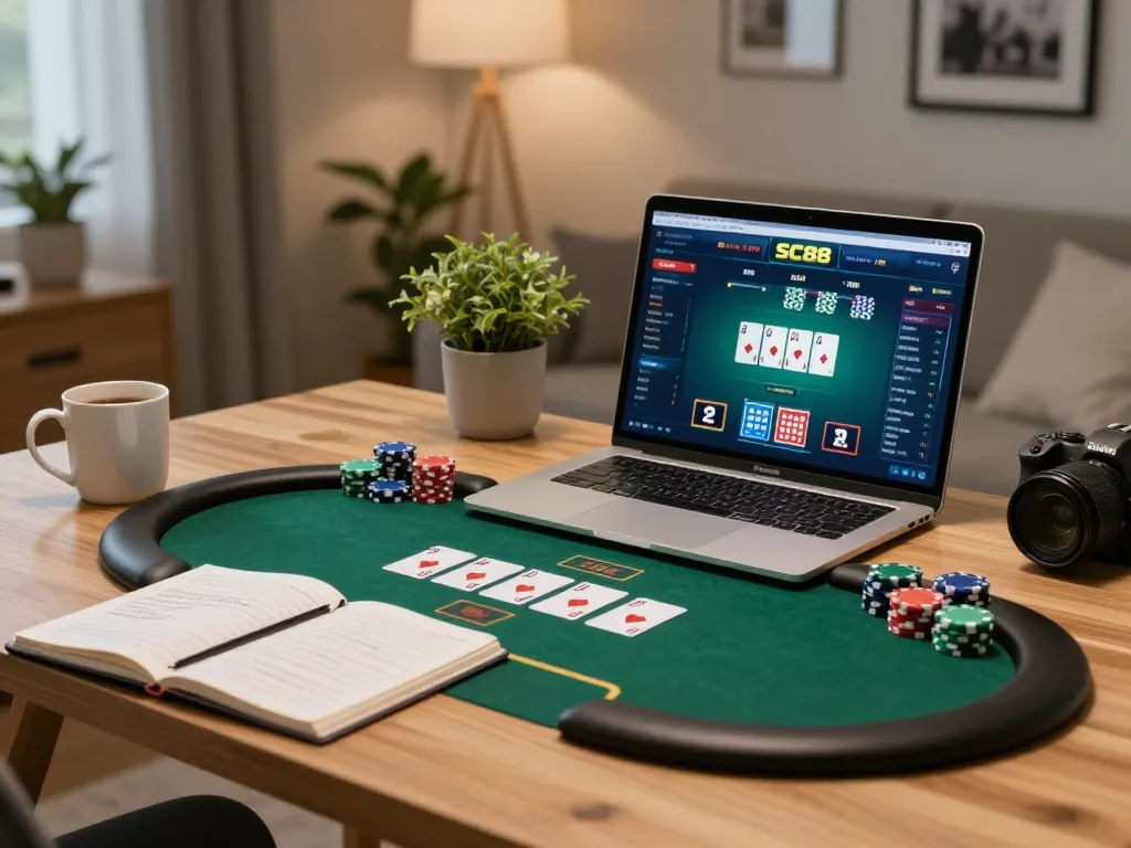 Engaging scene of online poker gameplay on SC88 with chips and strategy notes at home