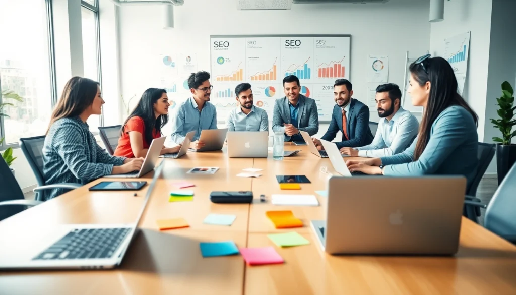 Team discussing strategies for seo malaysia in a vibrant marketing office environment.