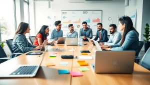 Team discussing strategies for seo malaysia in a vibrant marketing office environment.