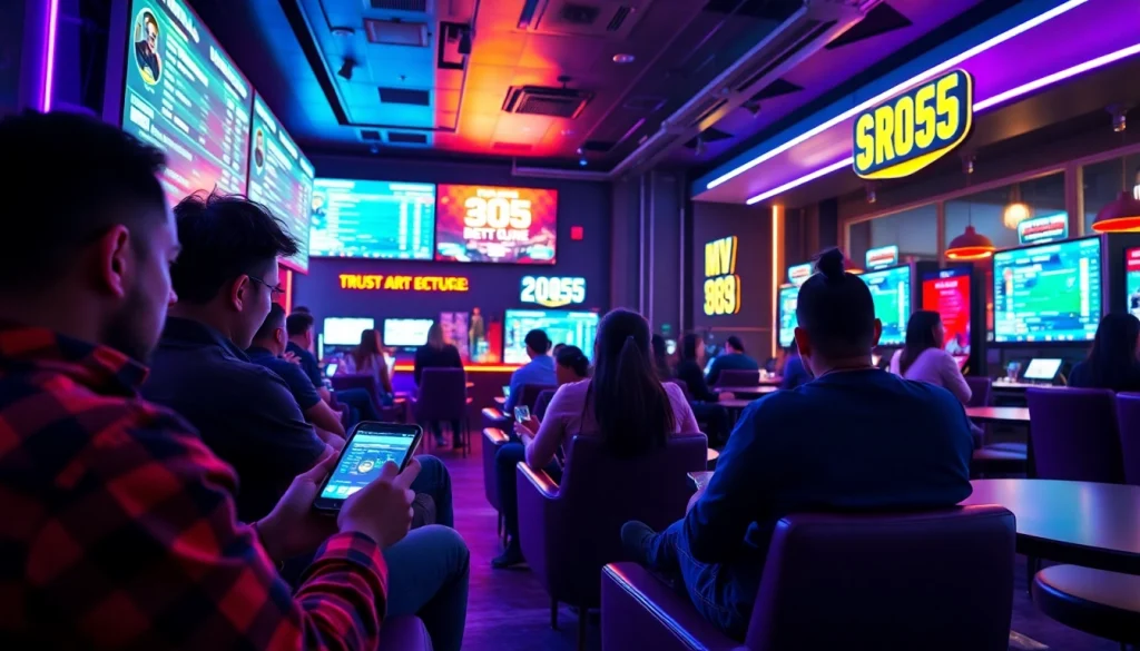 Exciting gaming lounge scene with players engaging on MV 88 mobile platform.