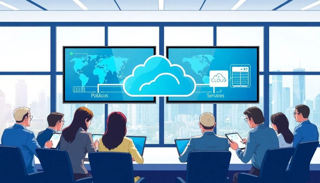 Visualizing Hybrid Cloud Solutions with diverse team collaboration and dual cloud environments.