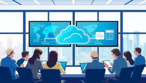 Visualizing Hybrid Cloud Solutions with diverse team collaboration and dual cloud environments.