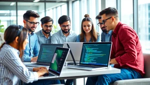 Engaged team collaborating on wordpress development outsourcing project with laptops and design mockups.