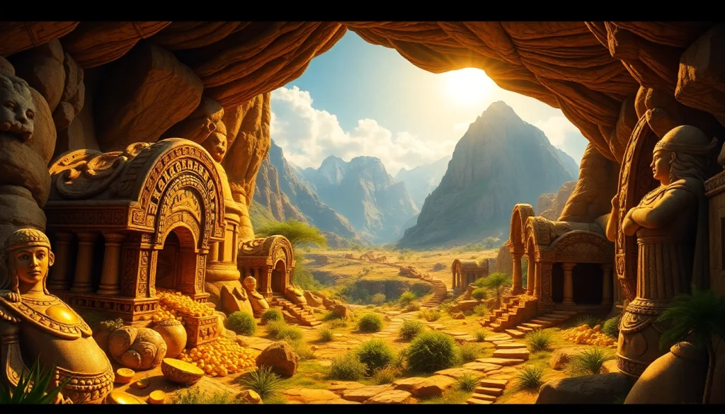 Discover the wonders of King Solomon's Mine through a majestic depiction of ancient treasures.