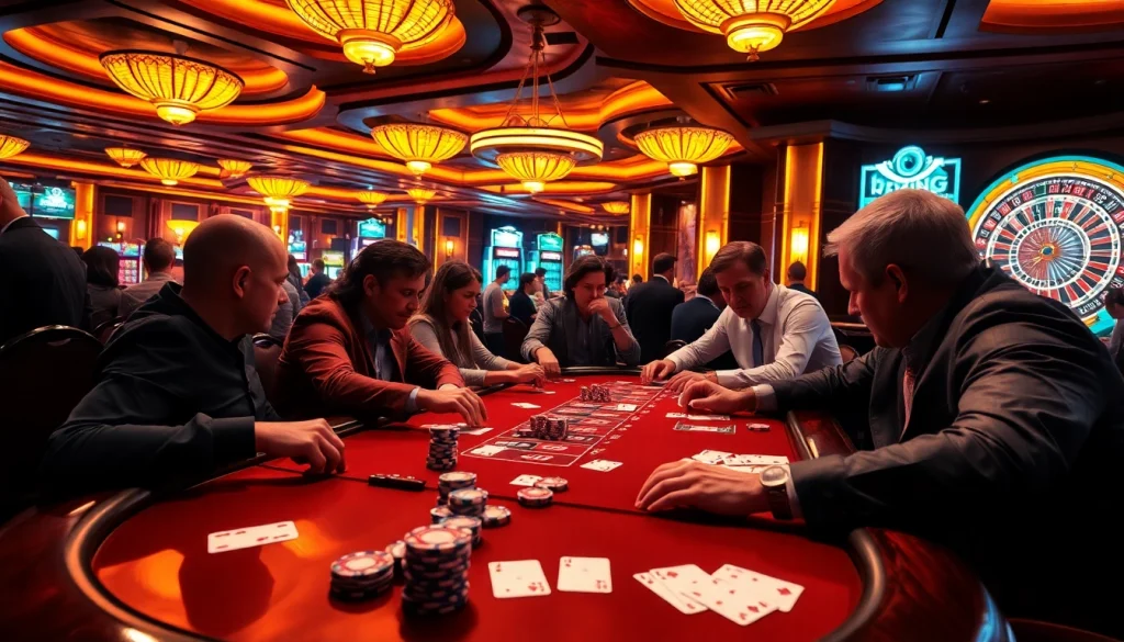 Experience the thrill of 79king hn at a high-stakes poker game, with colorful chips and intense players.