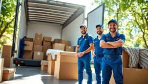 Movers efficiently working for a Toronto moving company, packing boxes and furniture in a bright setting.