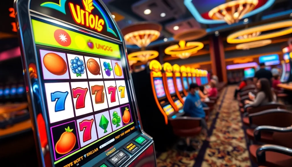 Mainkan Unogg slot game dengan simbol berwarna-warni dan suasana kasino yang meriah.