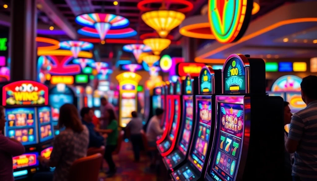 Mesin slot di kasino yang ramai dengan antusiasme dan kemenangan pemain.