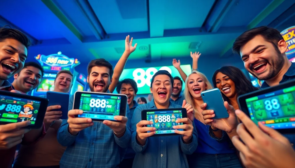 Exciting online gaming experiences with 888new platform, vibrant players engaging with mobile and tablet interfaces.