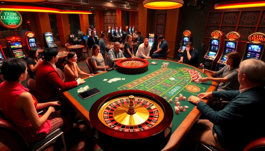 A thrilling casino scene promoting https://xx88.pizza/, featuring players at a roulette table and slot machines.