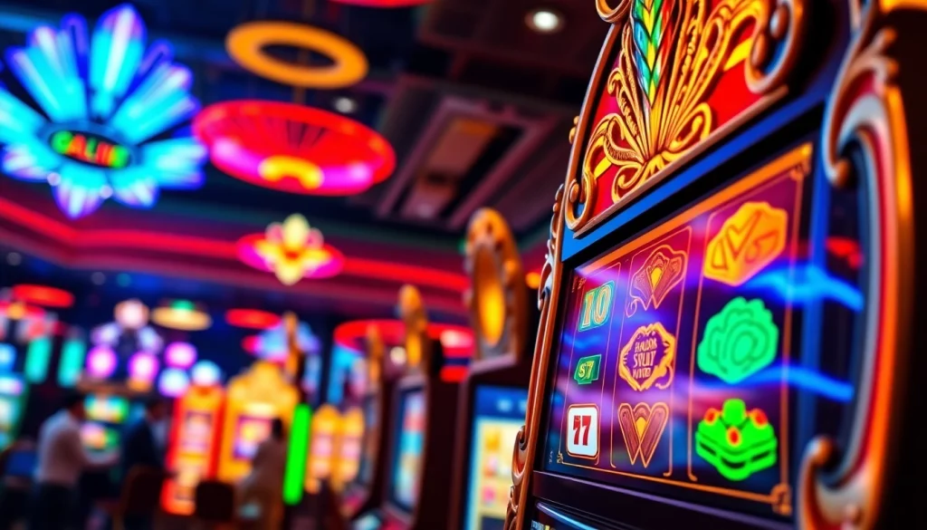 Mainkan luxury777 slot dengan mesin slot yang elegan dan warna cerah di kasino yang ramai.