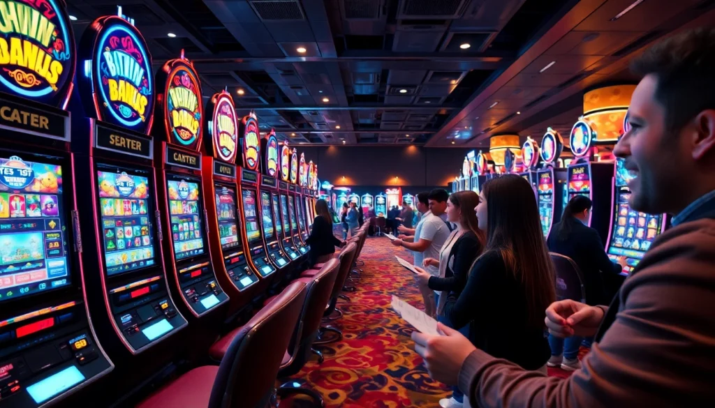 Mesin slot terpercaya menampilkan permainan penuh warna dengan pemain yang terhibur dan terlibat.