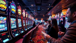 Mesin slot terpercaya menampilkan permainan penuh warna dengan pemain yang terhibur dan terlibat.