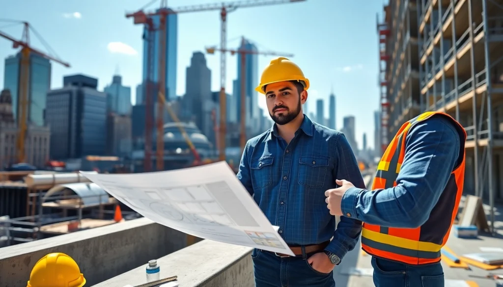 Engaged New York Construction Manager reviewing plans at an urban construction site.