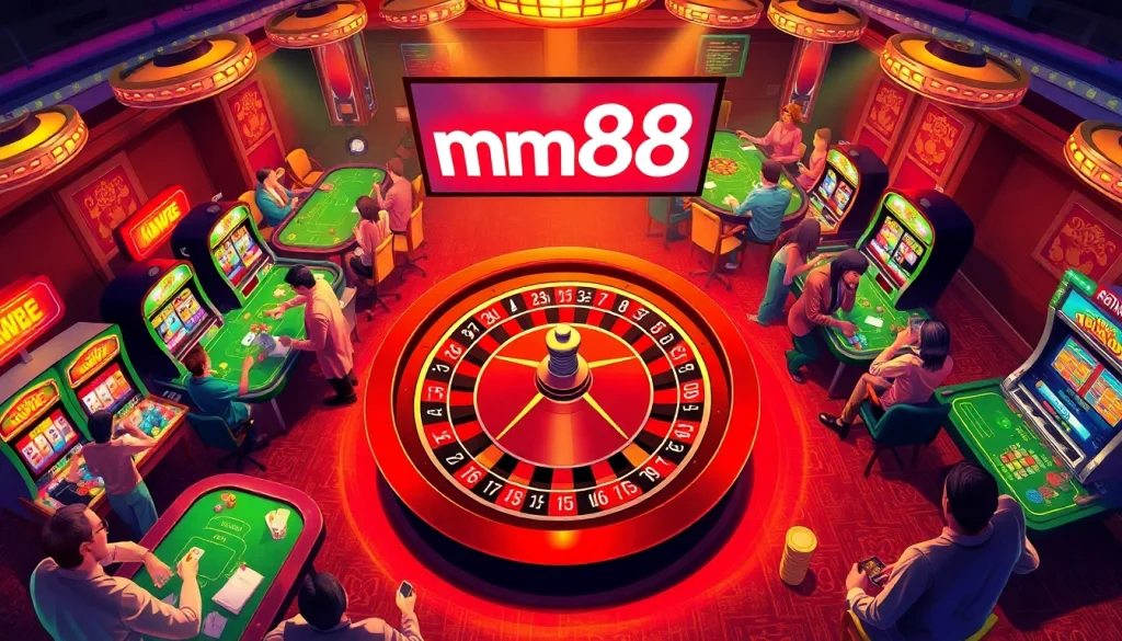 mm88 Casino players excitedly betting at a roulette wheel and poker table.