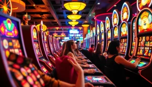 Jelajahi slot online dengan mesin slot berwarna-warni yang menarik dan suasana kasino yang ceria.