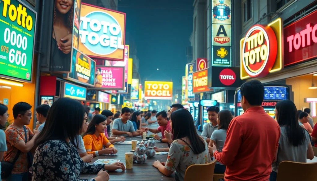 Menggambar kegiatan toto togel dengan sekelompok orang yang berinteraksi di kota yang ramai.