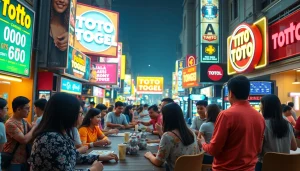 Menggambar kegiatan toto togel dengan sekelompok orang yang berinteraksi di kota yang ramai.