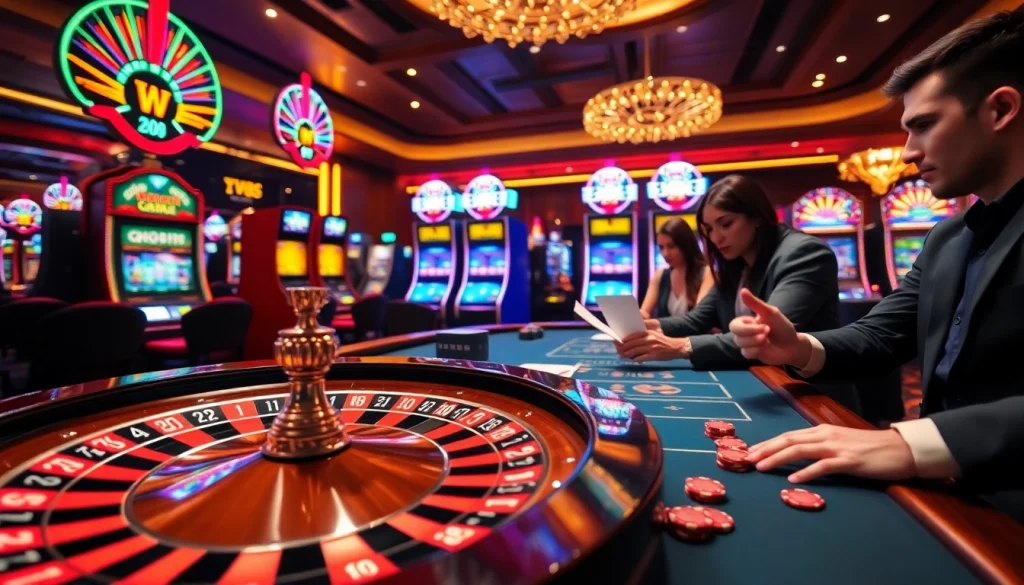 Experience the excitement of gaming at mm88 com with players engaging at a vibrant casino table surrounded by colorful slot machines.