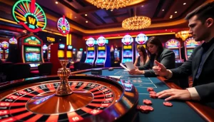 Experience the excitement of gaming at mm88 com with players engaging at a vibrant casino table surrounded by colorful slot machines.