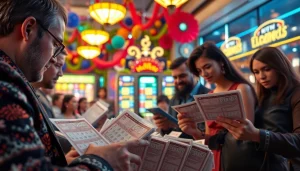 Menang togel online dengan tiket lotere yang berwarna-warni di suasana yang meriah.