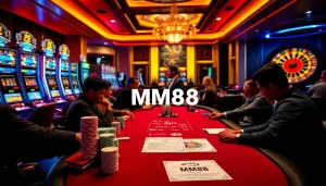 Experience thrilling moments at the MM88 casino poker table with enthusiastic players, colorful chips, and a dynamic atmosphere.