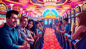 Rasakan sensasi bermain Unogg slot game dengan pemain antusias di kasino yang penuh warna.